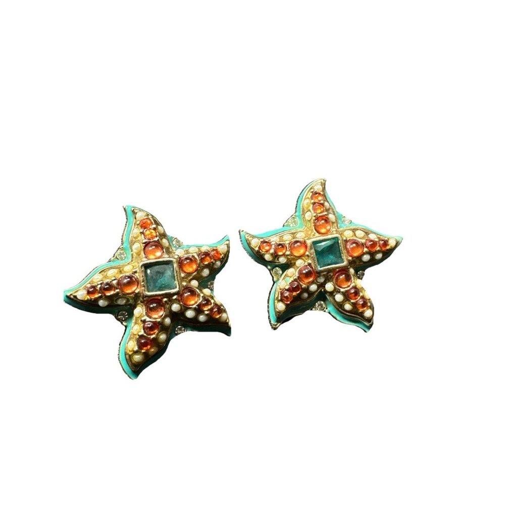 Kenneth Jay Lane Starfish Pierced Earrings Enamel Crystal Women’s KJL